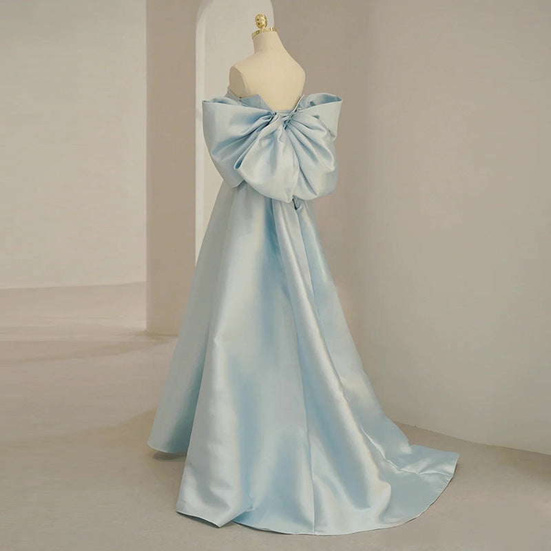 Blue evening dress women's 2026 new bandeau temperament celebrity light luxury niche high-end coming-of-age ceremony host toast dress