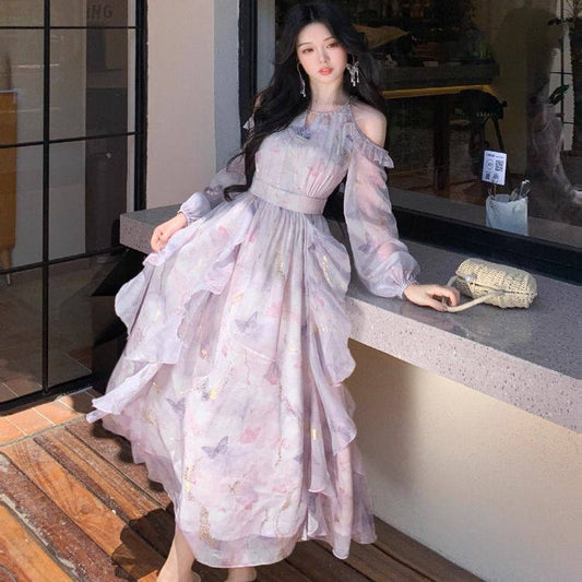 French temperament off-the-shoulder butterfly print long sleeve dress women's spring and summer high-end irregular ruffled long skirt