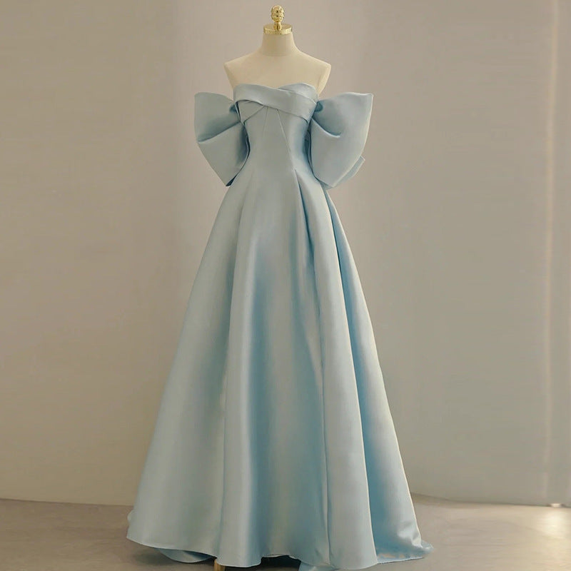 Blue evening dress women's 2026 new bandeau temperament celebrity light luxury niche high-end coming-of-age ceremony host toast dress